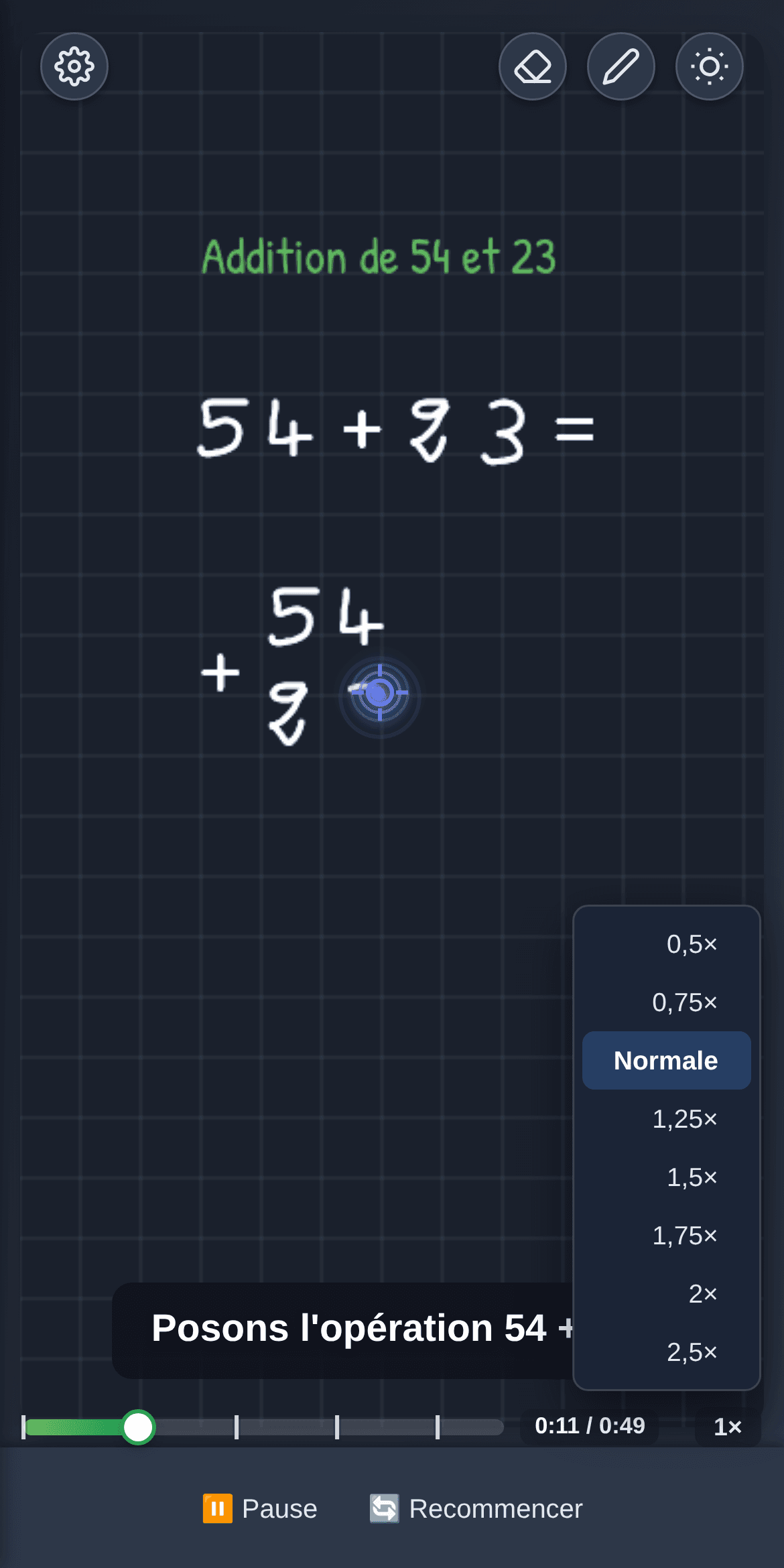 Le menu de vitesse ouvert sur le tableau, de ×0,5 à ×2,5